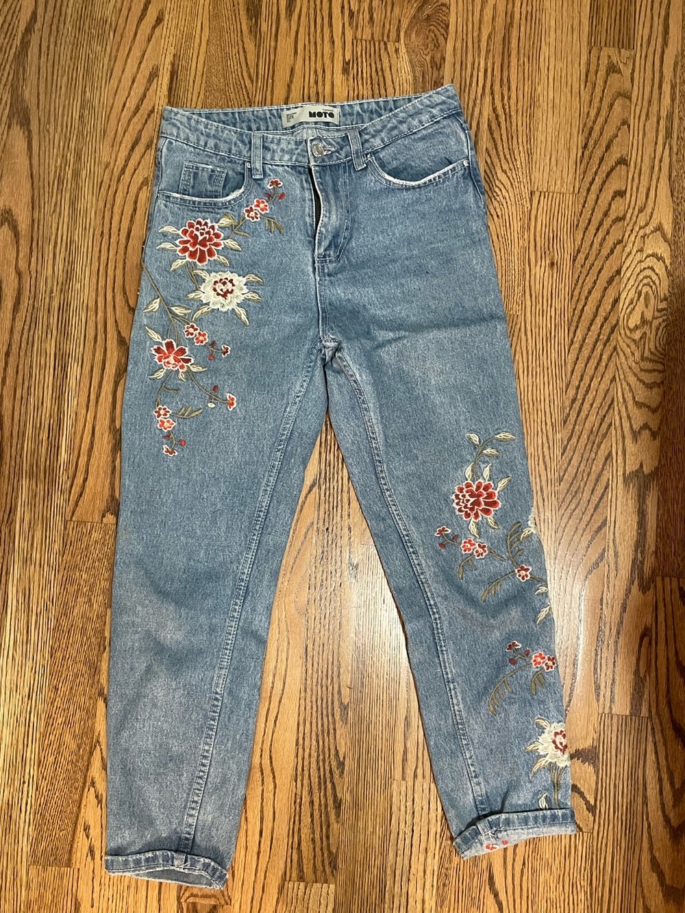 Topshop Light Blue Boyfriend Jeans with Red & Cream Floral Embroidery